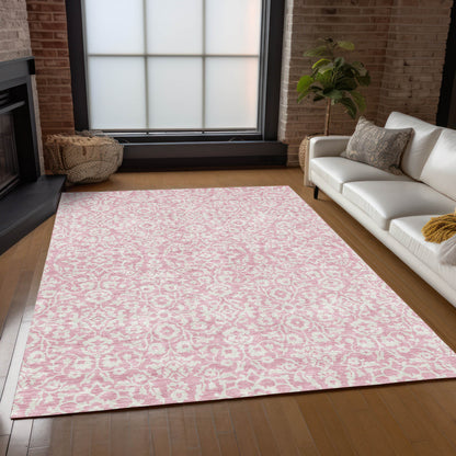 Tabselect Home Line 8' X 10' Pink And Ivory Damask Washable Indoor Outdoor Area Rug