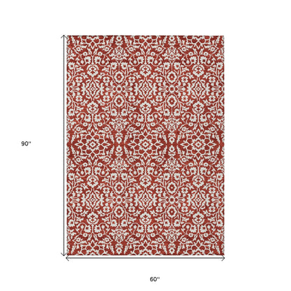 Tabselect Home Line 5' X 8' Red And Ivory Damask Washable Indoor Outdoor Area Rug