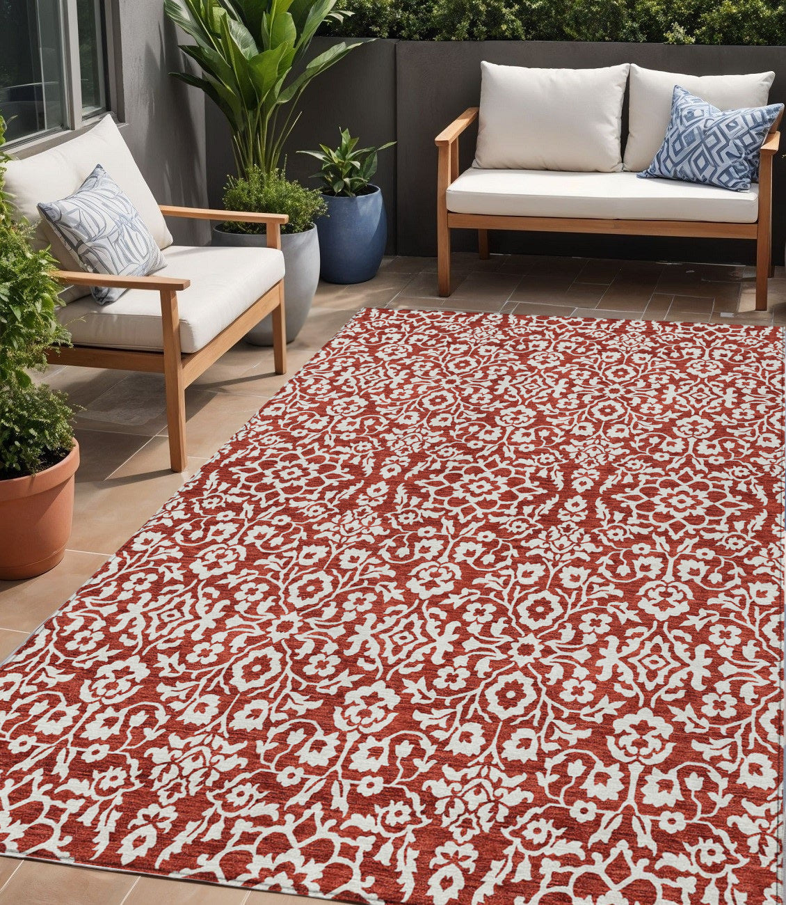 Tabselect Home Line 5' X 8' Red And Ivory Damask Washable Indoor Outdoor Area Rug