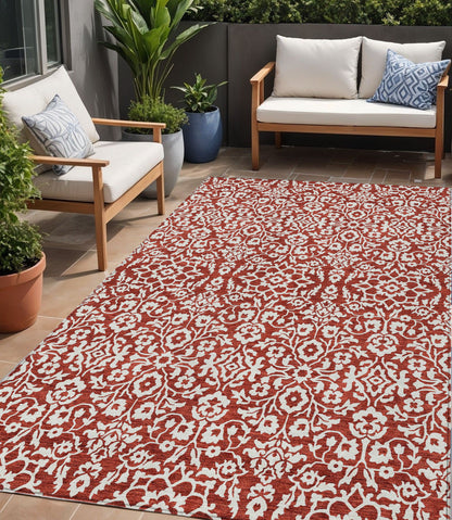 Tabselect Home Line 5' X 8' Red And Ivory Damask Washable Indoor Outdoor Area Rug