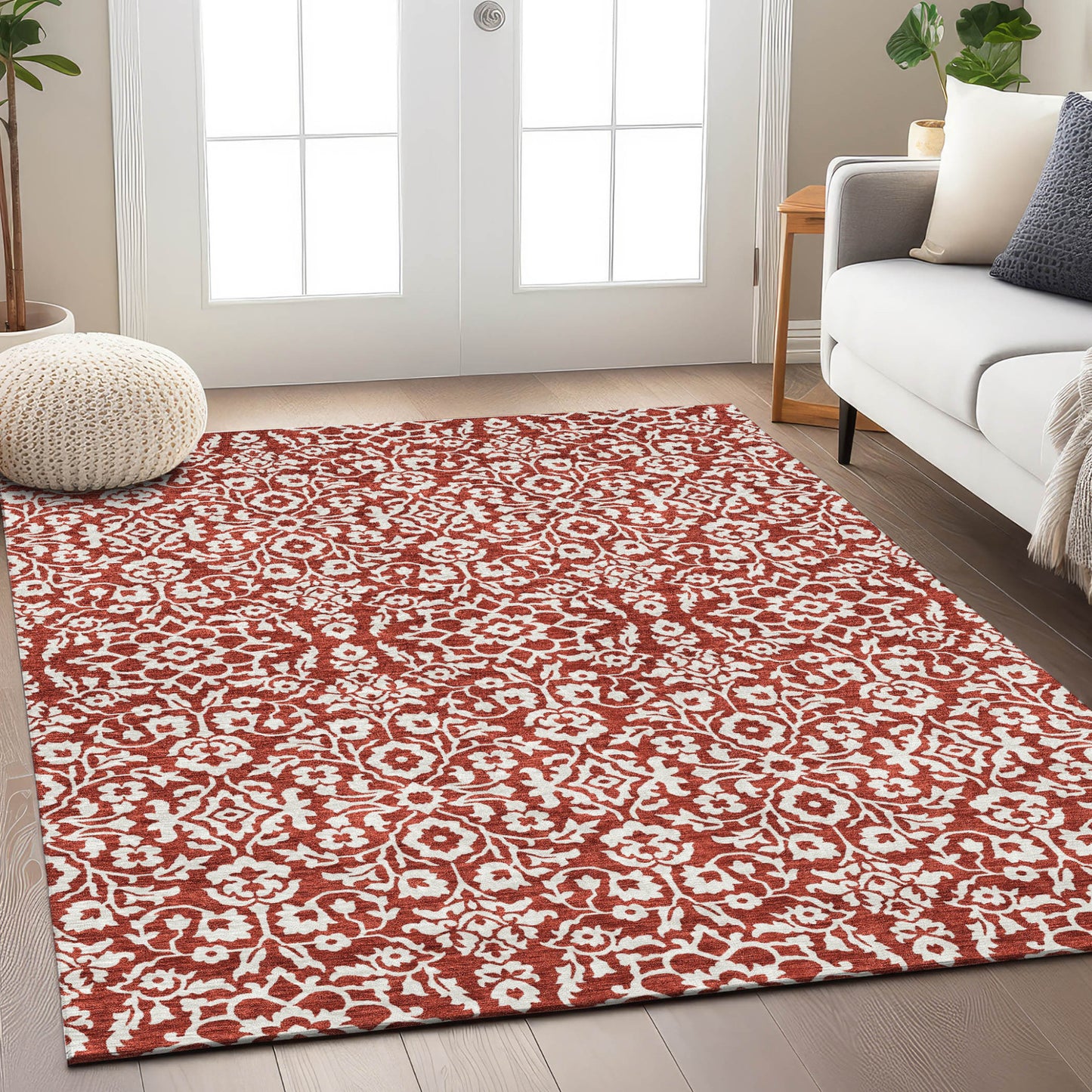 Tabselect Home Line 5' X 8' Red And Ivory Damask Washable Indoor Outdoor Area Rug