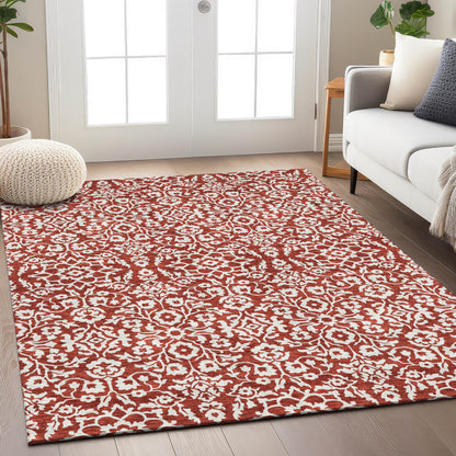Tabselect Home Line 5' X 8' Red And Ivory Damask Washable Indoor Outdoor Area Rug