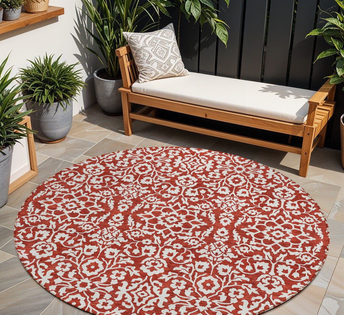 Tabselect Home Line 8' Red And Ivory Round Damask Washable Indoor Outdoor Area Rug