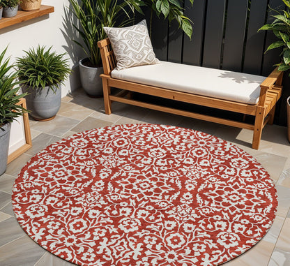 Tabselect Home Line 8' Red And Ivory Round Damask Washable Indoor Outdoor Area Rug