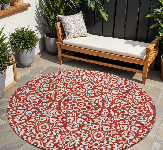 Tabselect Home Line 8' Red And Ivory Round Damask Washable Indoor Outdoor Area Rug