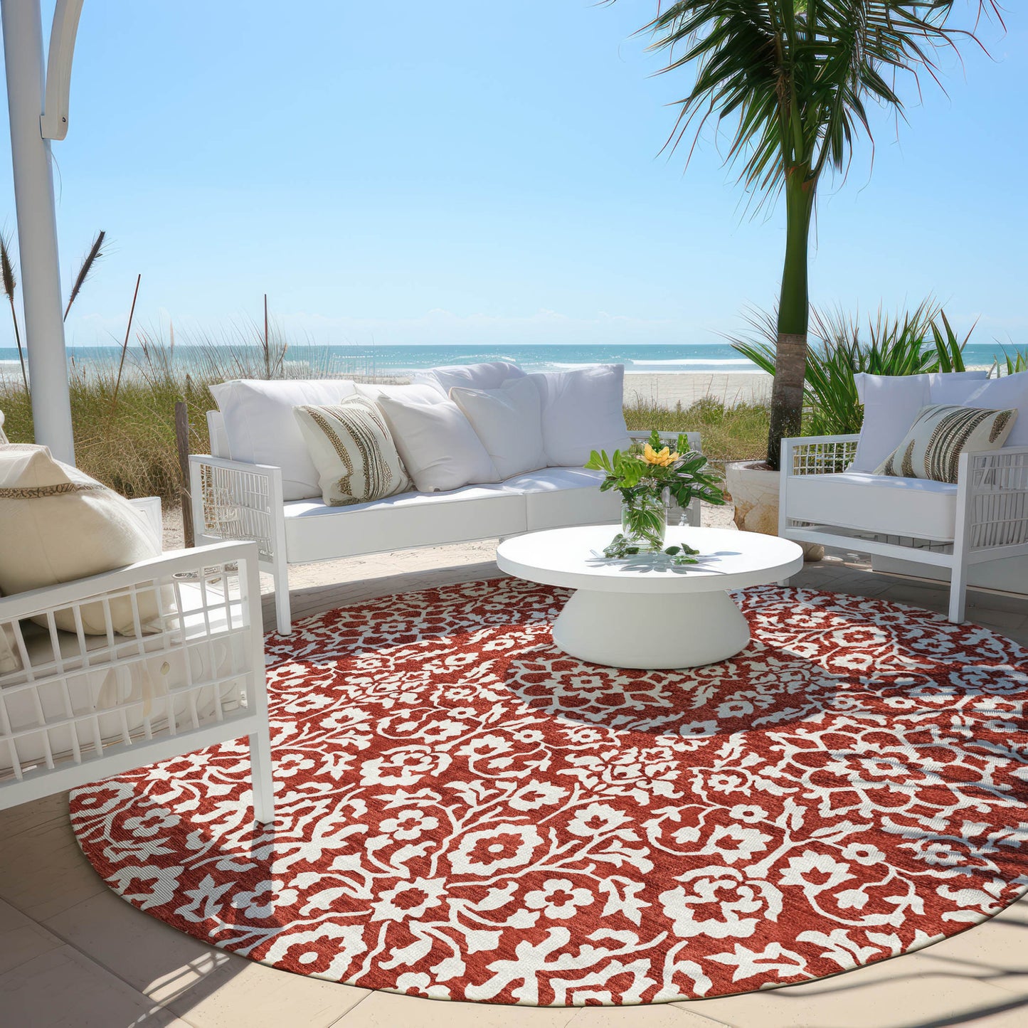 Tabselect Home Line 8' Red And Ivory Round Damask Washable Indoor Outdoor Area Rug