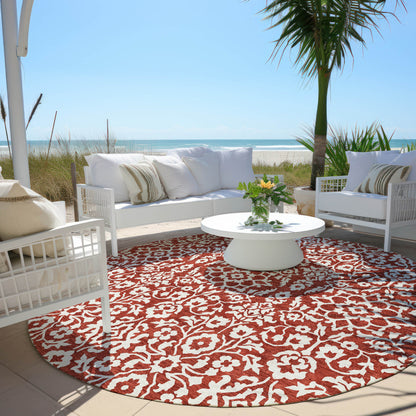 Tabselect Home Line 8' Red And Ivory Round Damask Washable Indoor Outdoor Area Rug