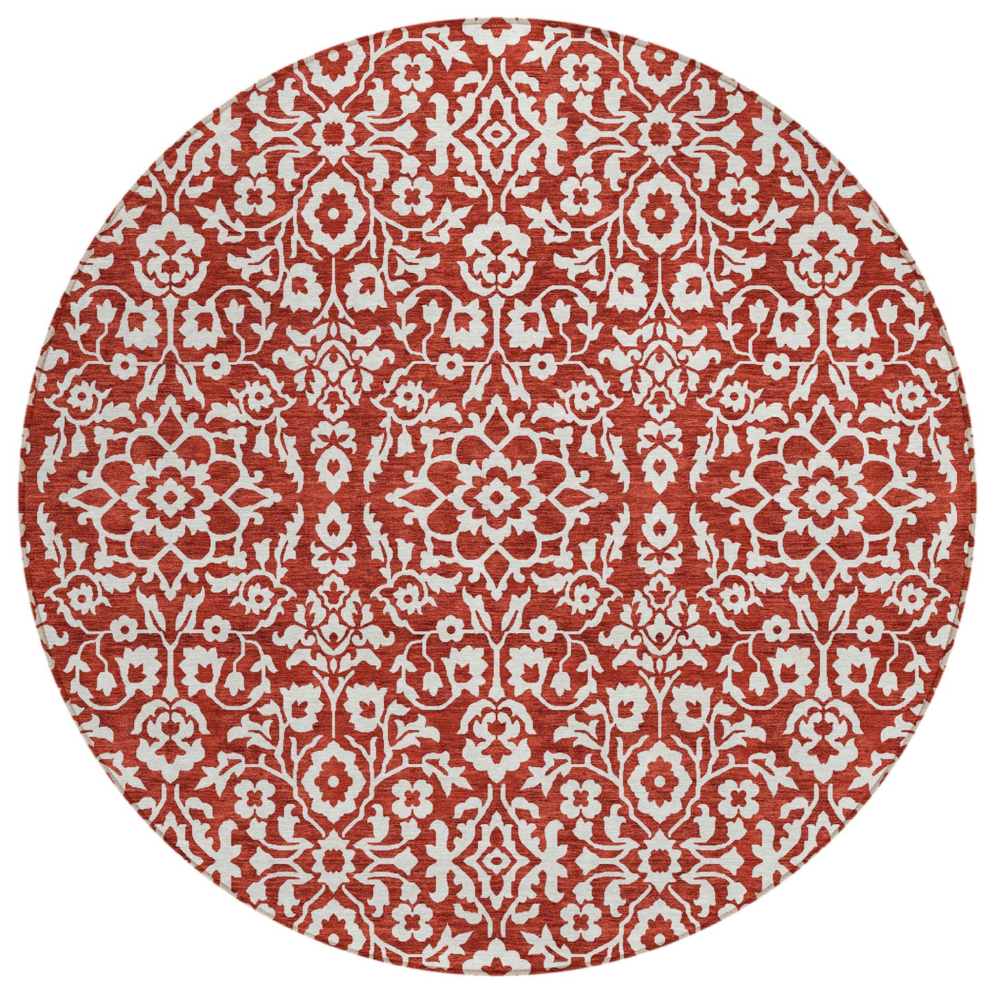 Tabselect Home Line 8' Red And Ivory Round Damask Washable Indoor Outdoor Area Rug