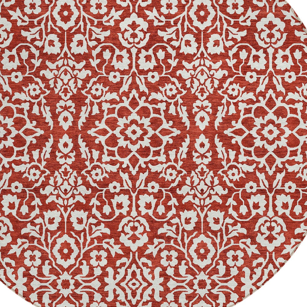 Tabselect Home Line 8' Red And Ivory Round Damask Washable Indoor Outdoor Area Rug