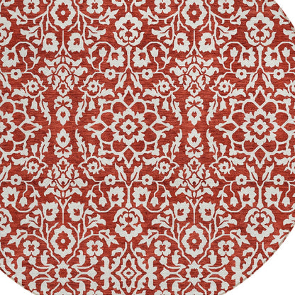 Tabselect Home Line 8' Red And Ivory Round Damask Washable Indoor Outdoor Area Rug