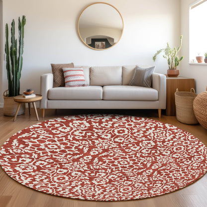 Tabselect Home Line 8' Red And Ivory Round Damask Washable Indoor Outdoor Area Rug
