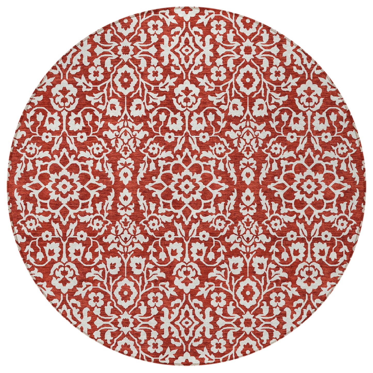 Tabselect Home Line 8' Red And Ivory Round Damask Washable Indoor Outdoor Area Rug