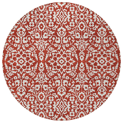 Tabselect Home Line 8' Red And Ivory Round Damask Washable Indoor Outdoor Area Rug
