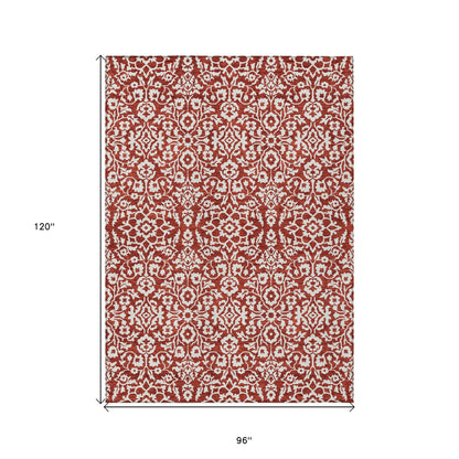 Tabselect Home Line 8' X 10' Red And Ivory Damask Washable Indoor Outdoor Area Rug