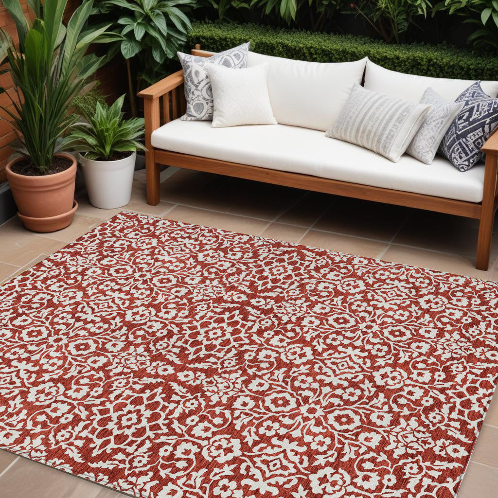 Tabselect Home Line 8' X 10' Red And Ivory Damask Washable Indoor Outdoor Area Rug