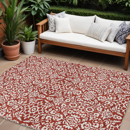 Tabselect Home Line 8' X 10' Red And Ivory Damask Washable Indoor Outdoor Area Rug