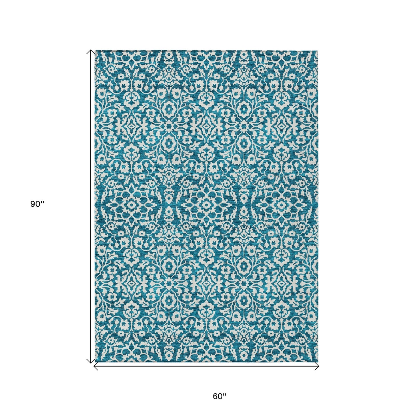 Tabselect Home Line 5' X 8' Teal Blue And Ivory Damask Washable Indoor Outdoor Area Rug