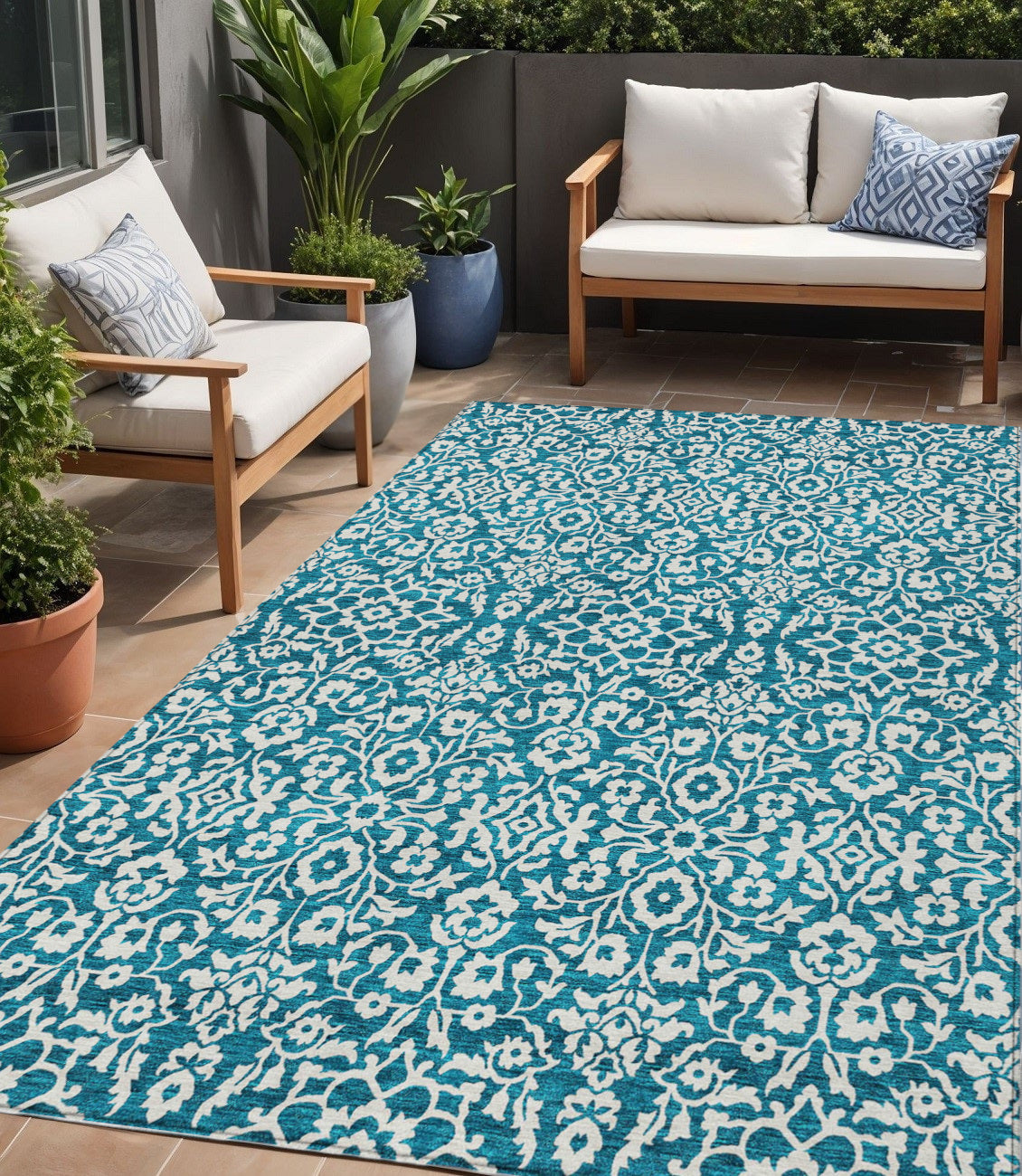 Tabselect Home Line 5' X 8' Teal Blue And Ivory Damask Washable Indoor Outdoor Area Rug