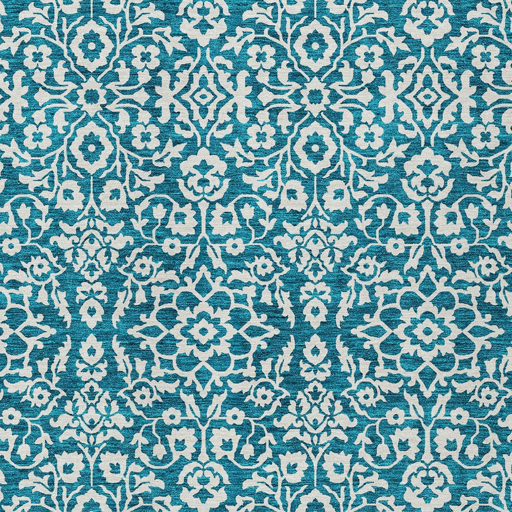 Tabselect Home Line 5' X 8' Teal Blue And Ivory Damask Washable Indoor Outdoor Area Rug