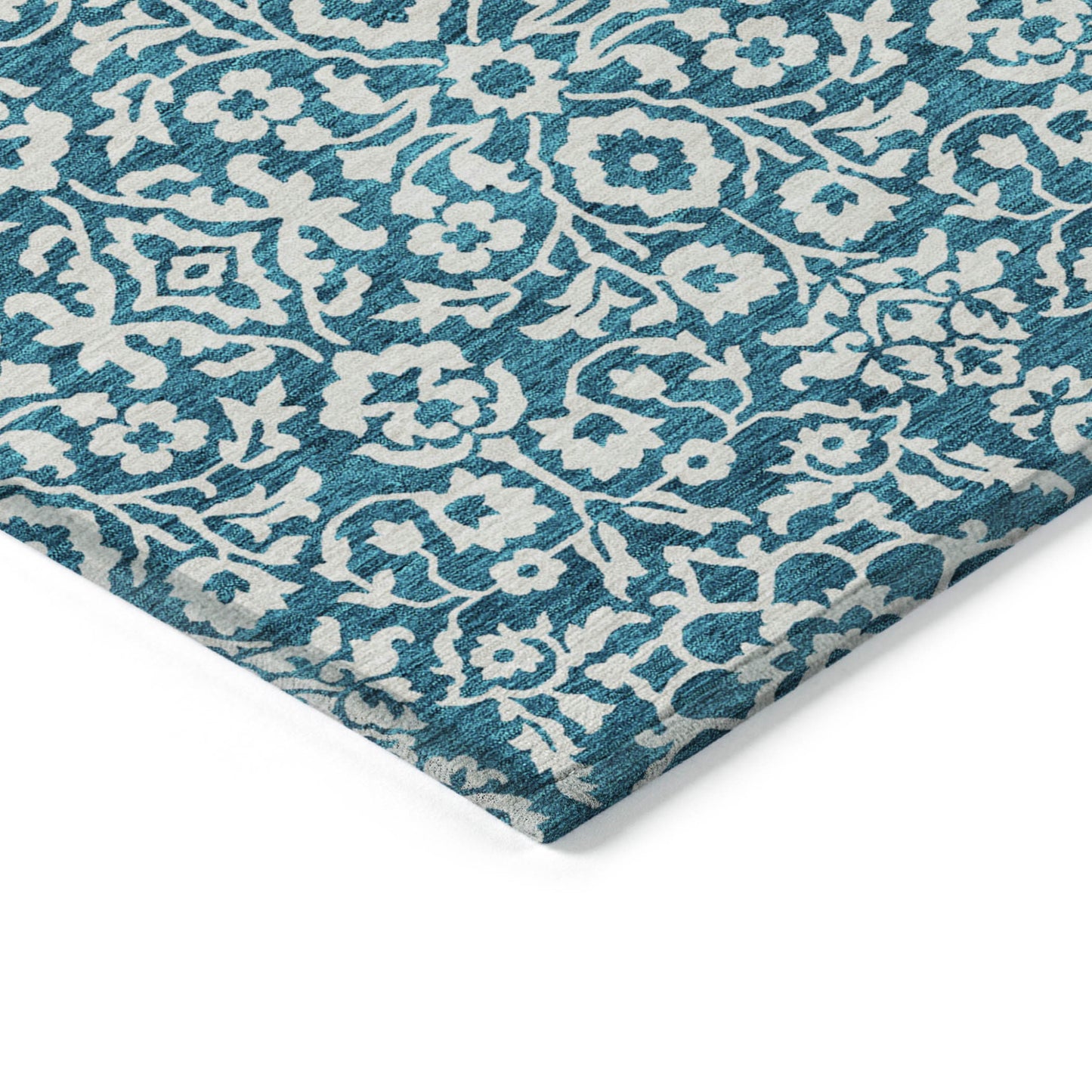 Tabselect Home Line 5' X 8' Teal Blue And Ivory Damask Washable Indoor Outdoor Area Rug