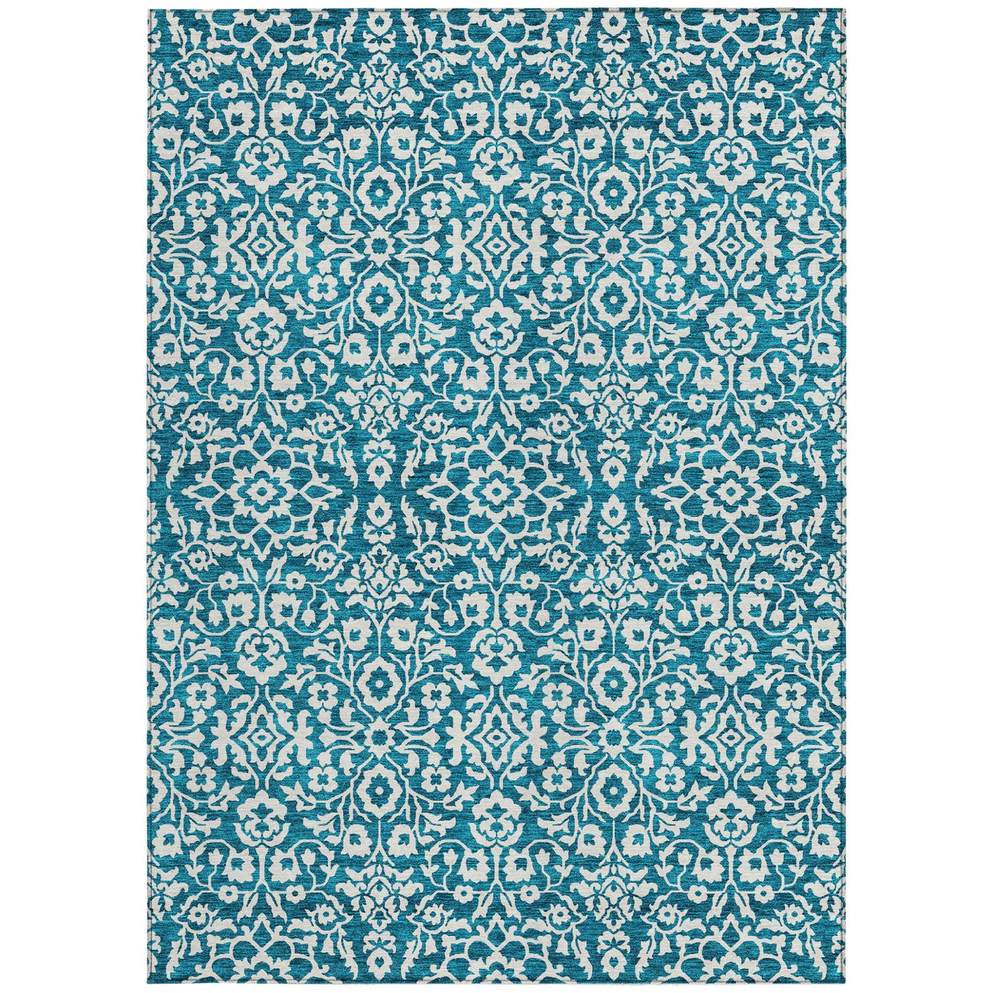 Tabselect Home Line 5' X 8' Teal Blue And Ivory Damask Washable Indoor Outdoor Area Rug