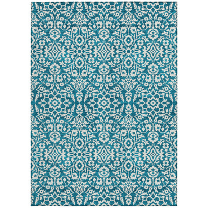 Tabselect Home Line 5' X 8' Teal Blue And Ivory Damask Washable Indoor Outdoor Area Rug