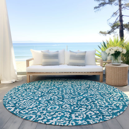 Tabselect Home Line 8' Teal Blue And Ivory Round Damask Washable Indoor Outdoor Area Rug