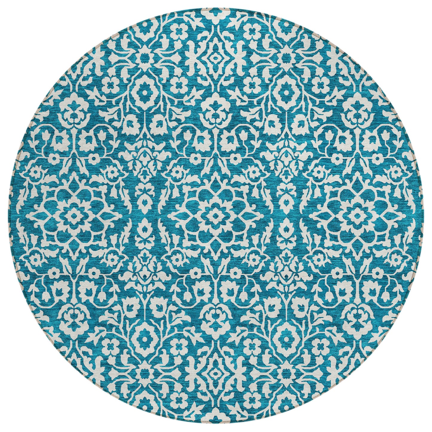 Tabselect Home Line 8' Teal Blue And Ivory Round Damask Washable Indoor Outdoor Area Rug