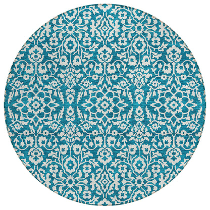 Tabselect Home Line 8' Teal Blue And Ivory Round Damask Washable Indoor Outdoor Area Rug