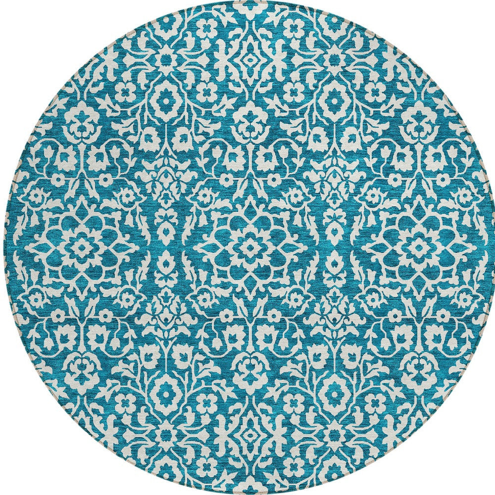 Tabselect Home Line 8' Teal Blue And Ivory Round Damask Washable Indoor Outdoor Area Rug