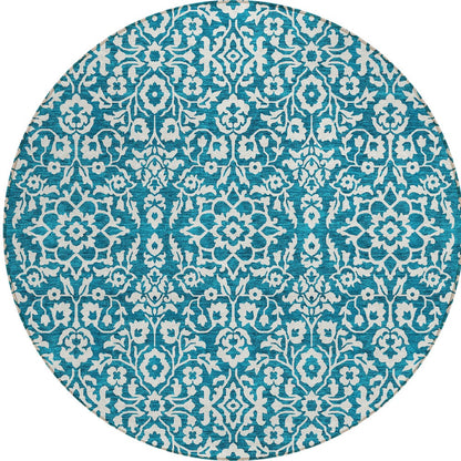 Tabselect Home Line 8' Teal Blue And Ivory Round Damask Washable Indoor Outdoor Area Rug