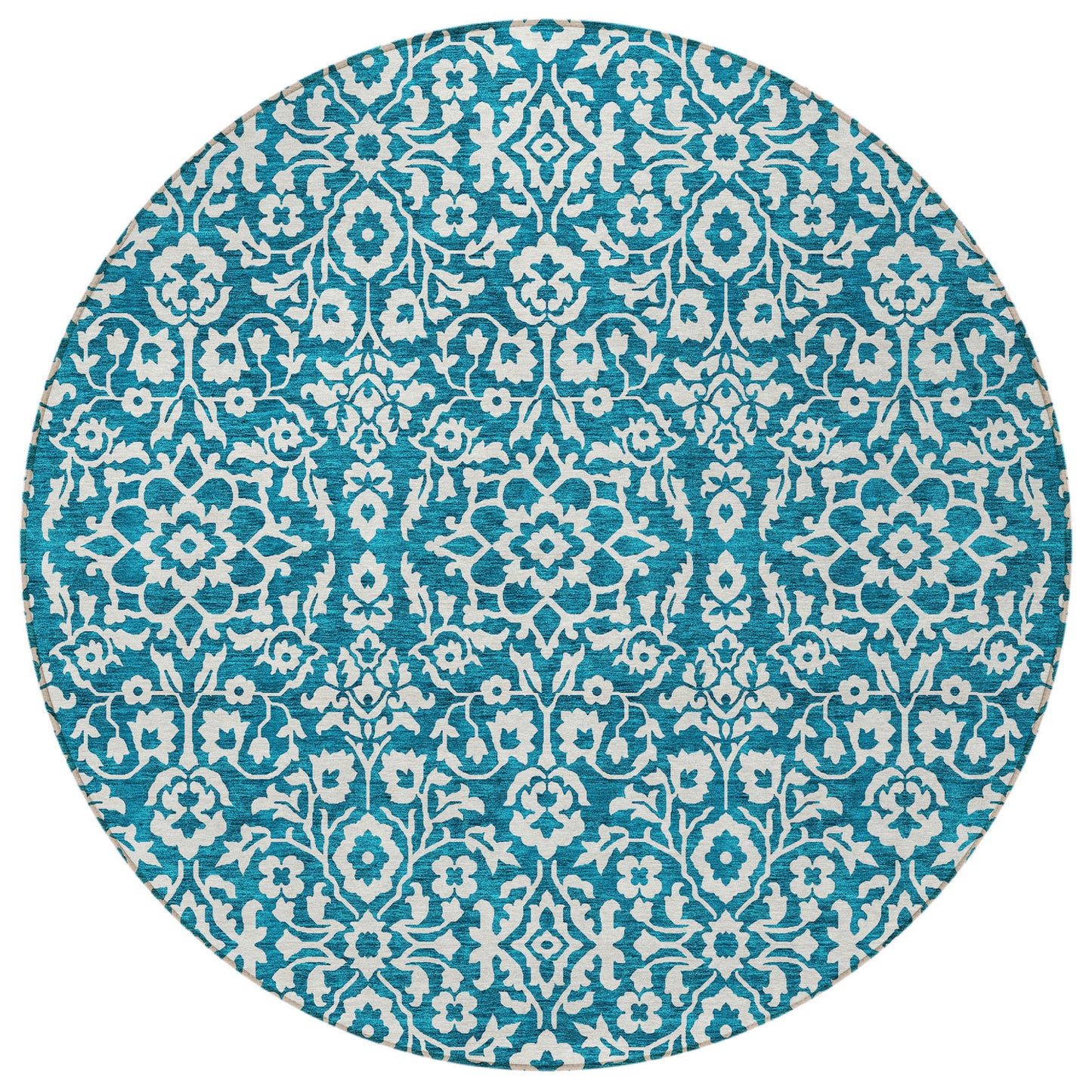 Tabselect Home Line 8' Teal Blue And Ivory Round Damask Washable Indoor Outdoor Area Rug