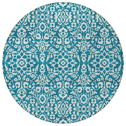 Tabselect Home Line 8' Teal Blue And Ivory Round Damask Washable Indoor Outdoor Area Rug
