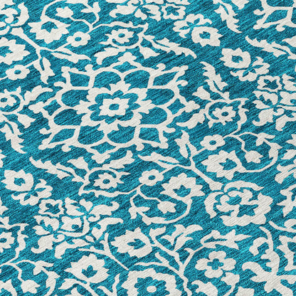 Tabselect Home Line 8' Teal Blue And Ivory Round Damask Washable Indoor Outdoor Area Rug