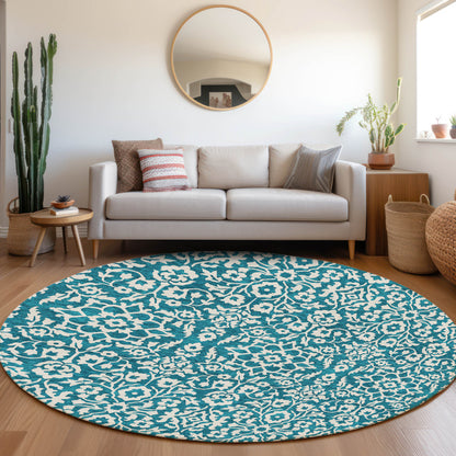 Tabselect Home Line 8' Teal Blue And Ivory Round Damask Washable Indoor Outdoor Area Rug
