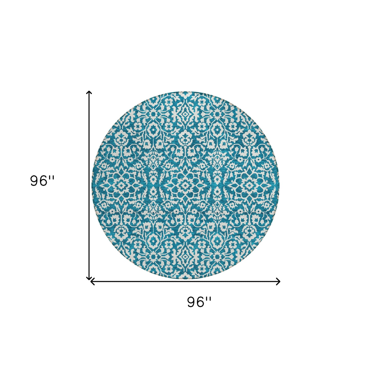 Tabselect Home Line 8' Teal Blue And Ivory Round Damask Washable Indoor Outdoor Area Rug