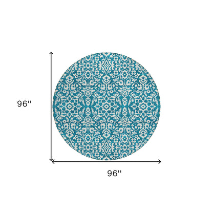 Tabselect Home Line 8' Teal Blue And Ivory Round Damask Washable Indoor Outdoor Area Rug