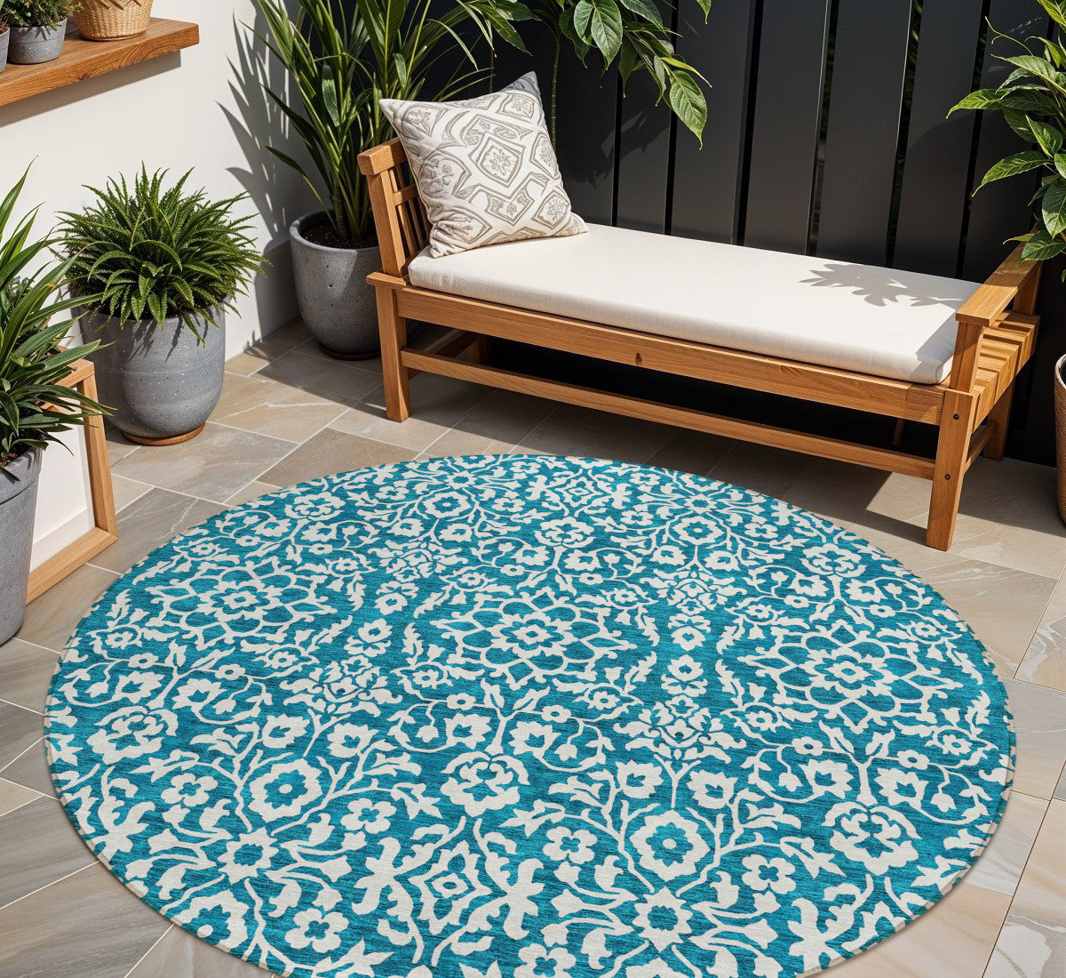 Tabselect Home Line 8' Teal Blue And Ivory Round Damask Washable Indoor Outdoor Area Rug