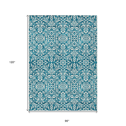 Tabselect Home Line 8' X 10' Teal Blue And Ivory Damask Washable Indoor Outdoor Area Rug