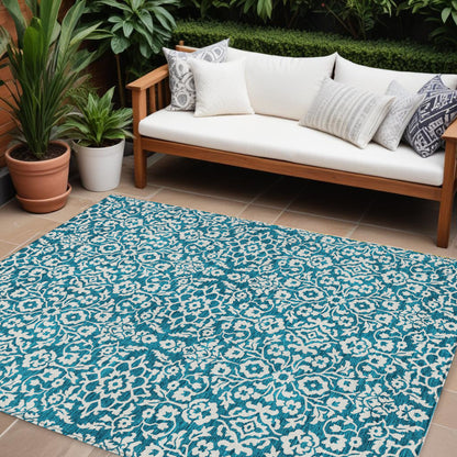 Tabselect Home Line 8' X 10' Teal Blue And Ivory Damask Washable Indoor Outdoor Area Rug