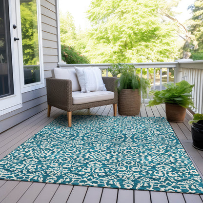 Tabselect Home Line 8' X 10' Teal Blue And Ivory Damask Washable Indoor Outdoor Area Rug