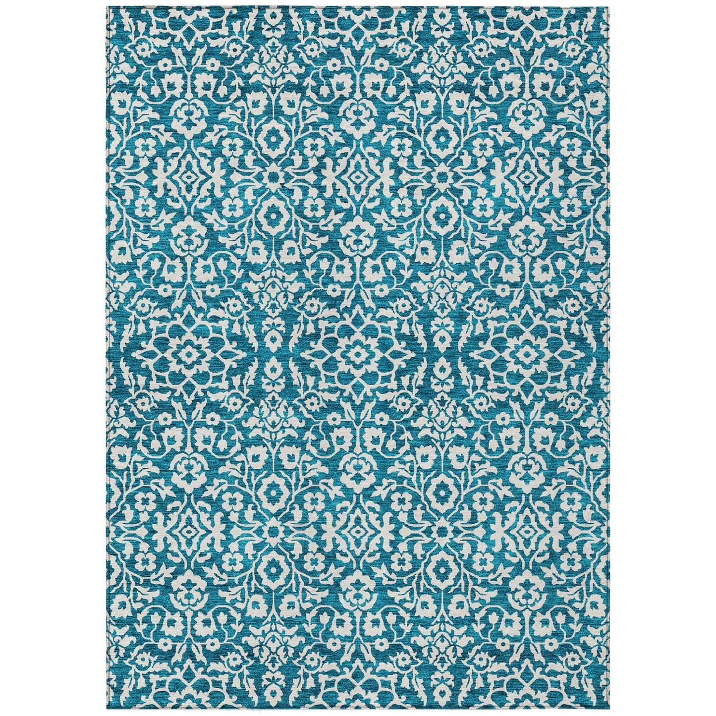 Tabselect Home Line 8' X 10' Teal Blue And Ivory Damask Washable Indoor Outdoor Area Rug