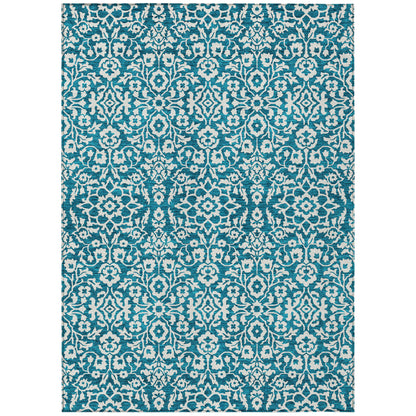 Tabselect Home Line 8' X 10' Teal Blue And Ivory Damask Washable Indoor Outdoor Area Rug