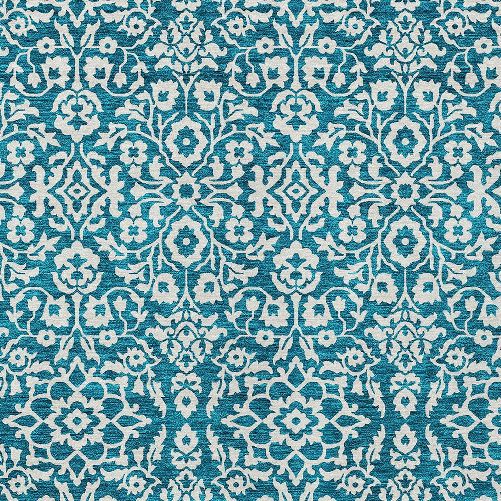Tabselect Home Line 8' X 10' Teal Blue And Ivory Damask Washable Indoor Outdoor Area Rug