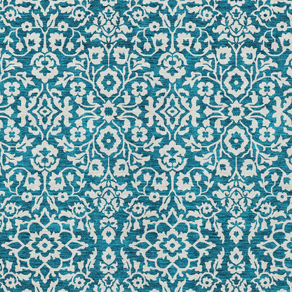 Tabselect Home Line 8' X 10' Teal Blue And Ivory Damask Washable Indoor Outdoor Area Rug