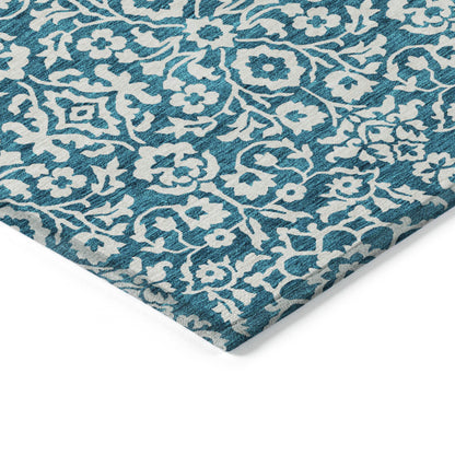 Tabselect Home Line 8' X 10' Teal Blue And Ivory Damask Washable Indoor Outdoor Area Rug