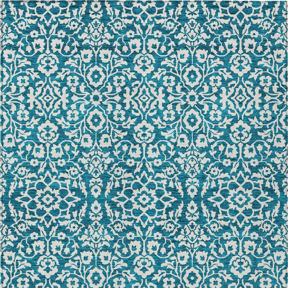 Tabselect Home Line 8' X 10' Teal Blue And Ivory Damask Washable Indoor Outdoor Area Rug