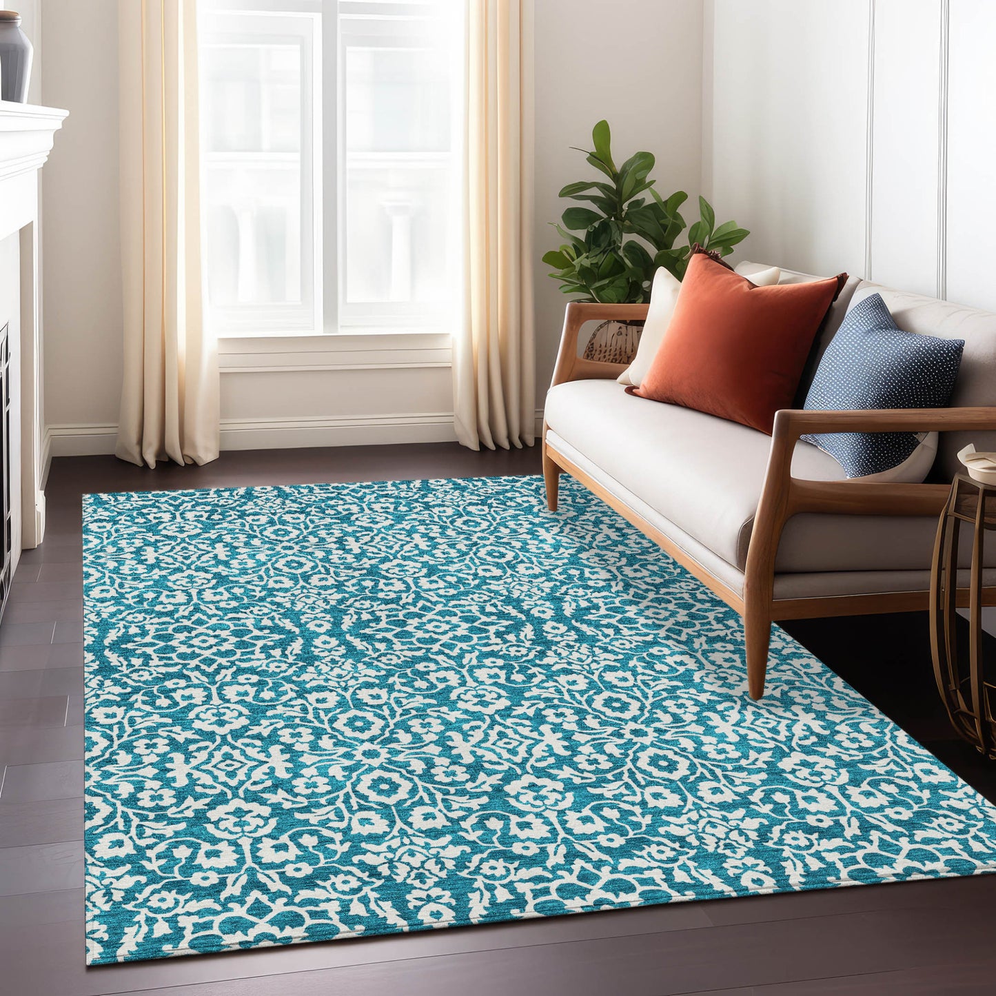 Tabselect Home Line 8' X 10' Teal Blue And Ivory Damask Washable Indoor Outdoor Area Rug