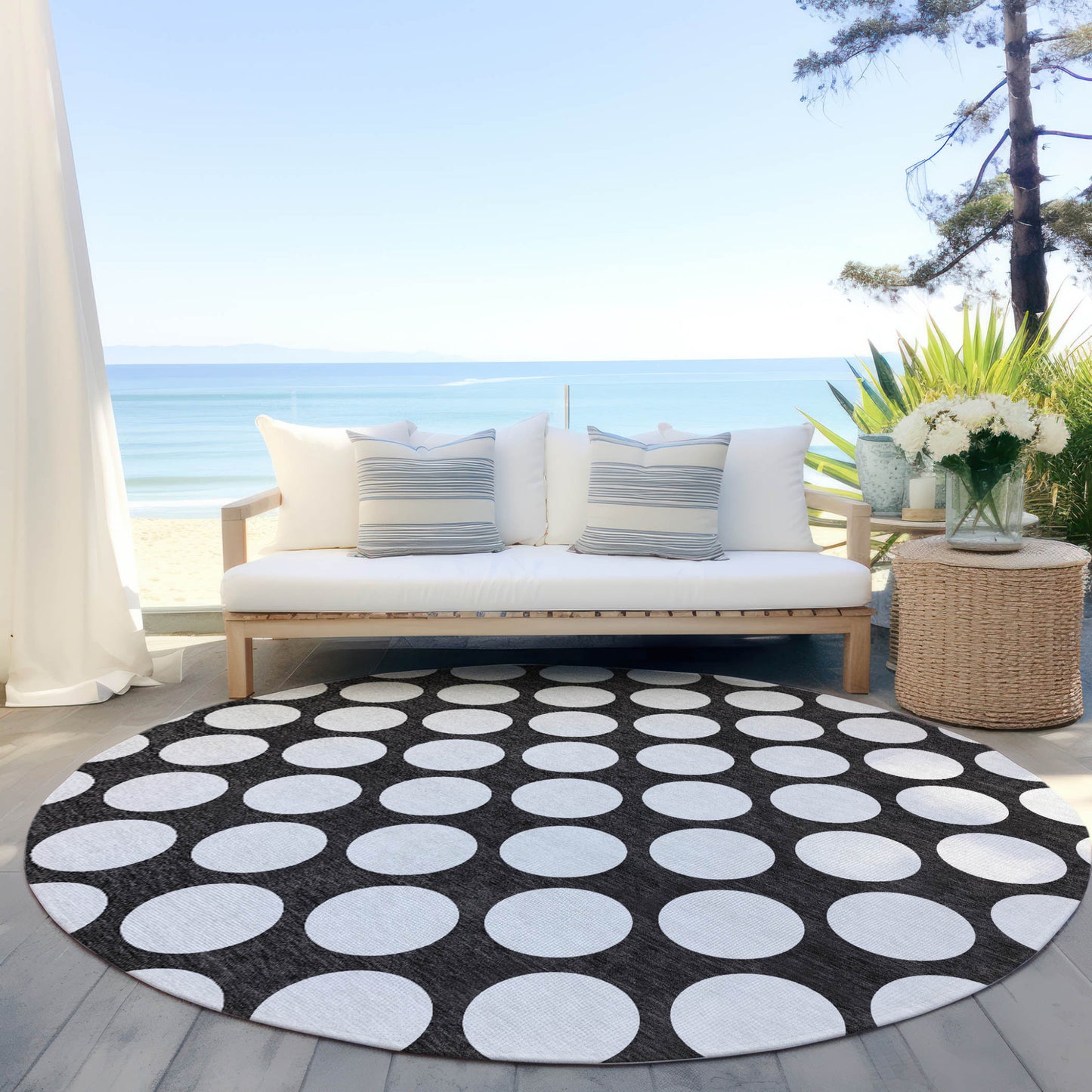 Tabselect Home Line 8' Black And Ivory Round Polka Dot Washable Indoor Outdoor Area Rug