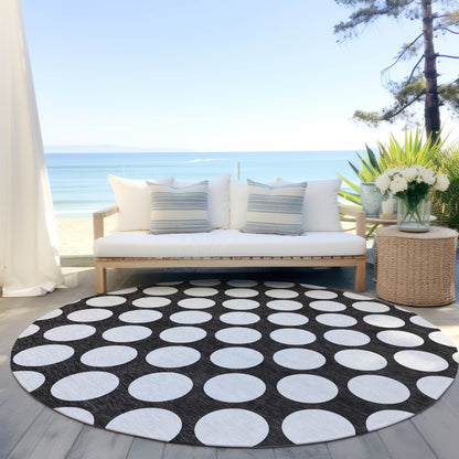 Tabselect Home Line 8' Black And Ivory Round Polka Dot Washable Indoor Outdoor Area Rug